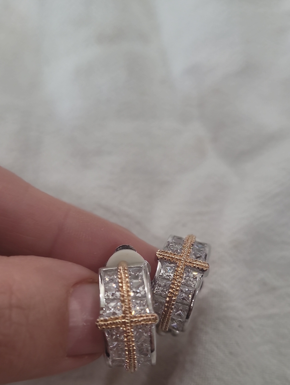 Two-Tone Cross Hoop Clip On Earrings in Gold and Sterling Silver